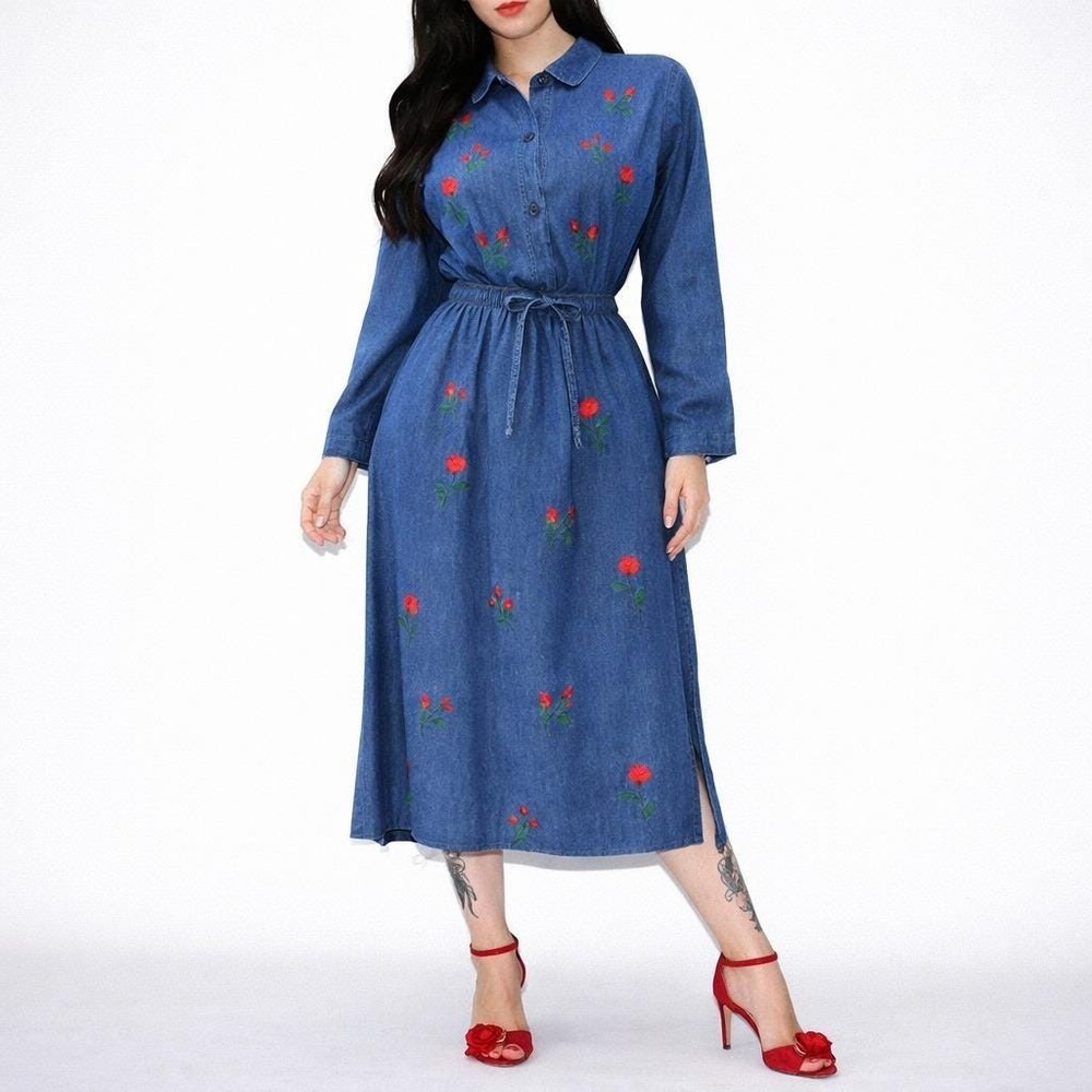 80s Vintage Rose Embroidered Denim Top & Skirt Set Womens S Denim Outfit Utility